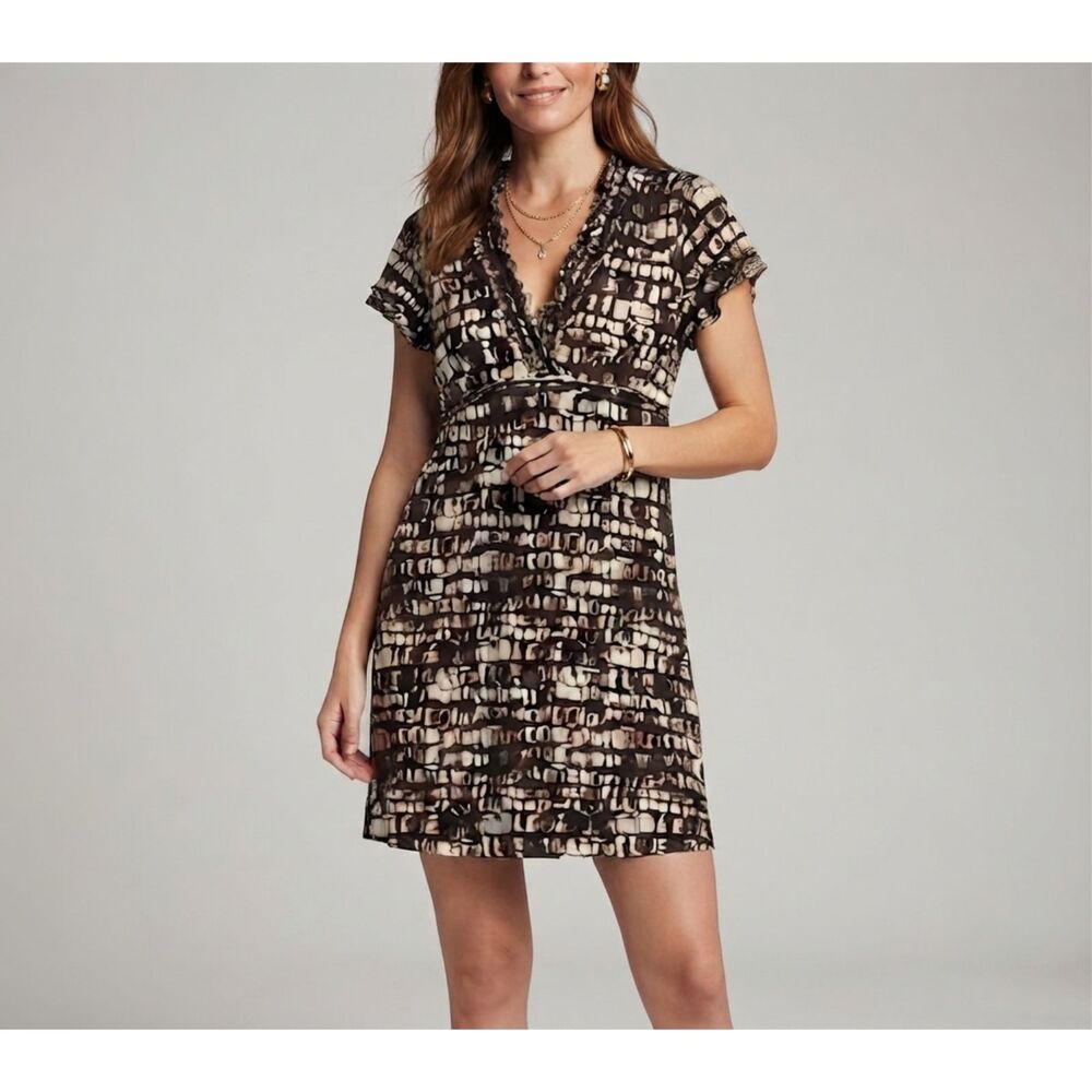 BCBG MaxAzria Brown White Abstract Print Ruffled V-Neck Mini Dress Size M